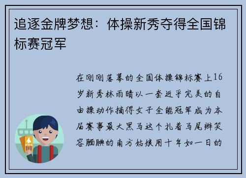 追逐金牌梦想：体操新秀夺得全国锦标赛冠军
